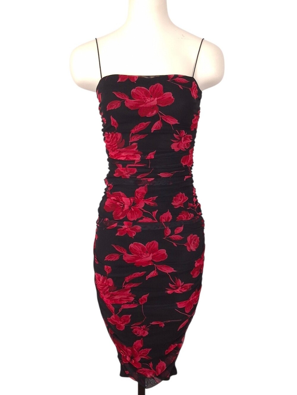 B. Darlin ruched bodycon dress 90s Y2K dark floral party spaghetti strap black
